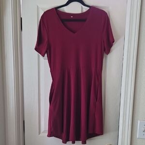 Elegant Burgundy V-Neck Women's Mini Dress With Pockets
